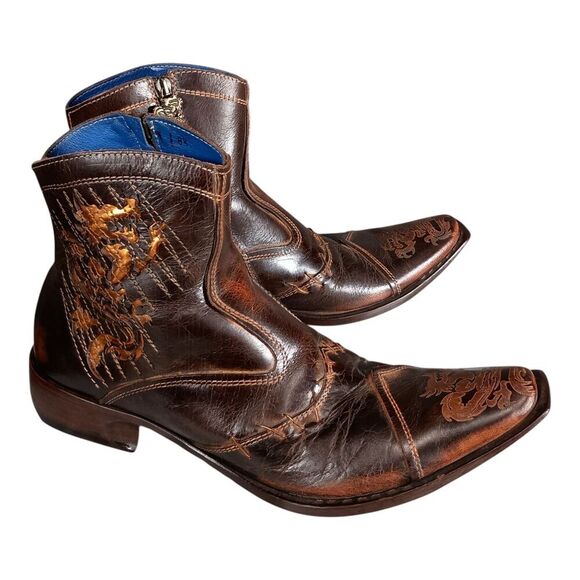 Mark Nason TRAXX Dragon Rock Lives Ankle Boots Biker Brown Leather Men's 8.5 - Picture 1 of 16